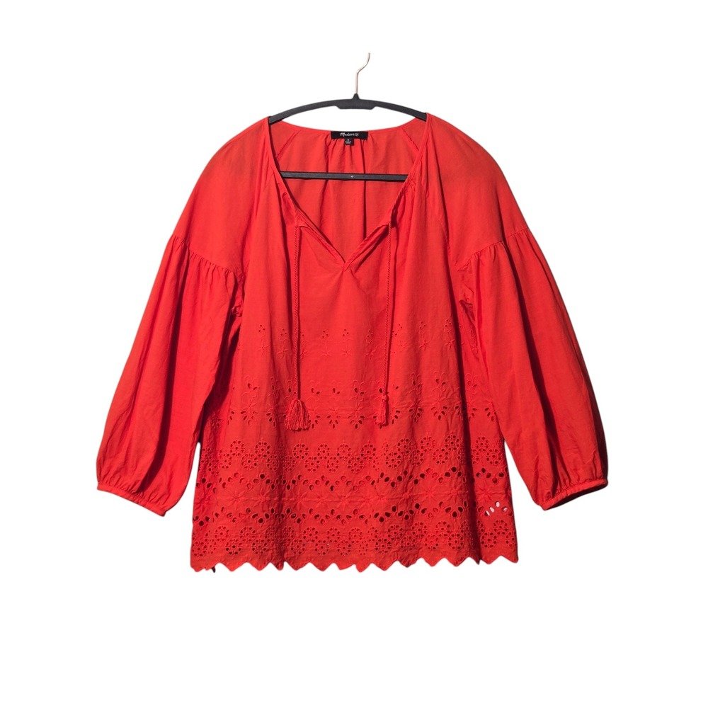Madewell Eyelet Lattice Embroidered Blouse M Red 100% Cotton Tassel Boho Peasant